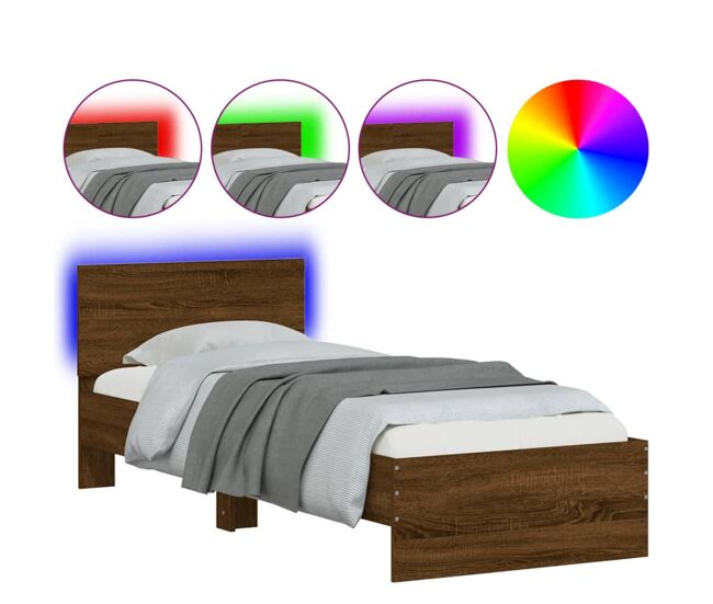 Estrutura de cama de solteiro moderno cabeceira/luzes led 75x190 cm carvalho castanho