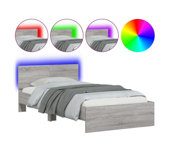 Estrutura de cama de solteiro moderno c/ cabeceira/luzes led 100x200cm cinza sonoma
