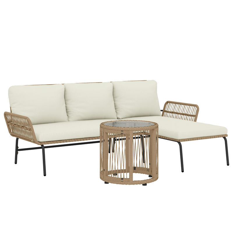 Outsunny conjunto de móveis de jardim exterior em ratã jogo de 3 peças com sofá de 2 lugares chaise longue almofadas e mesa de vidro para terraço creme e natural