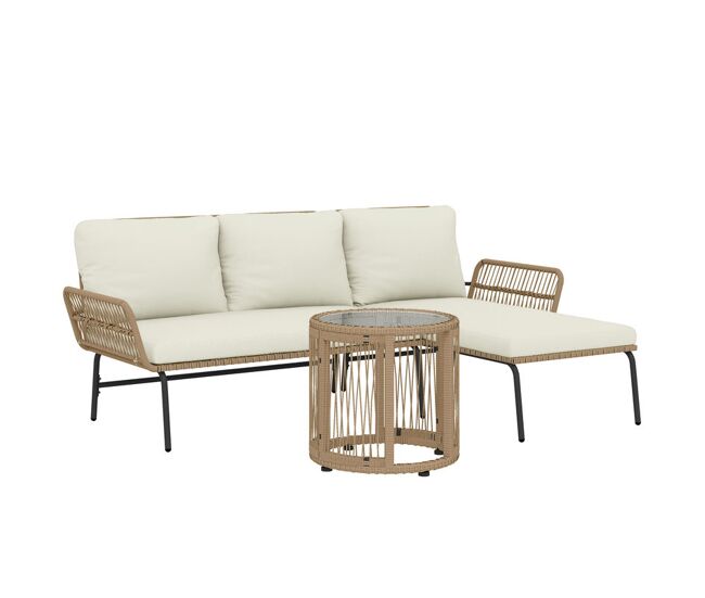 Outsunny conjunto de móveis de jardim exterior em ratã jogo de 3 peças com sofá de 2 lugares chaise longue almofadas e mesa de vidro para terraço creme e natural