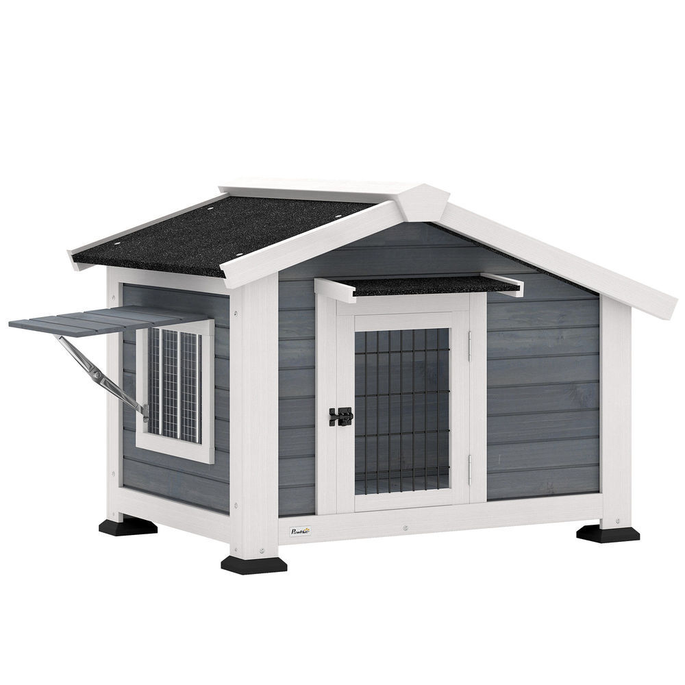 Pawhut casota para cães de exterior em madeira casa para cães médios com teto de asfalto chão removível janela basculante e porta ventilada base