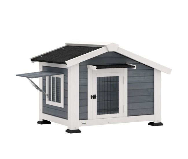 Pawhut casota para cães de exterior em madeira casa para cães médios com teto de asfalto chão removível janela basculante e porta ventilada base