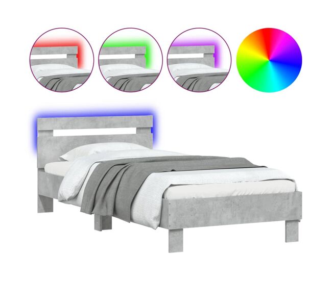 Estrutura de cama de solteiro moderno c/ cabeceira/luzes led 90x200cm cinza cimento