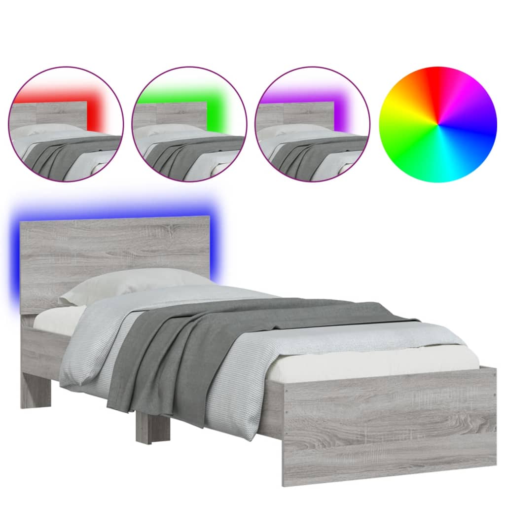 Estrutura de cama de solteiro moderno c/ cabeceira/luzes led 90x200 cm cinza sonoma