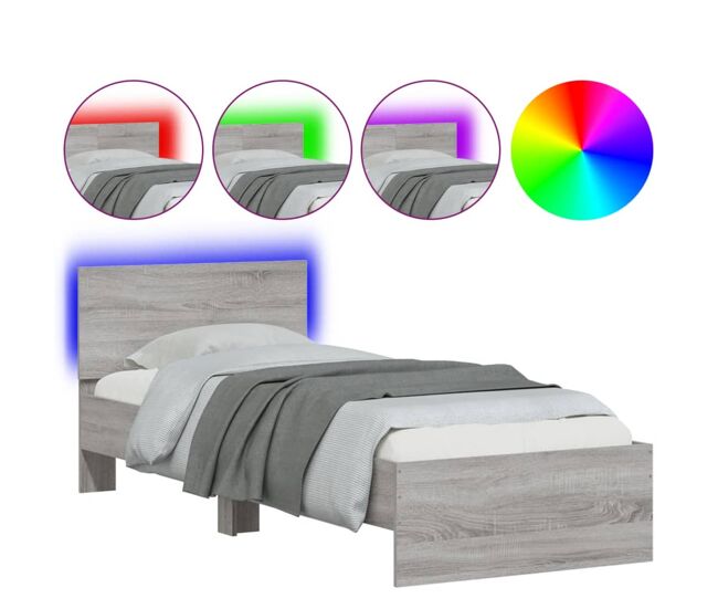 Estrutura de cama de solteiro moderno c/ cabeceira/luzes led 90x200 cm cinza sonoma