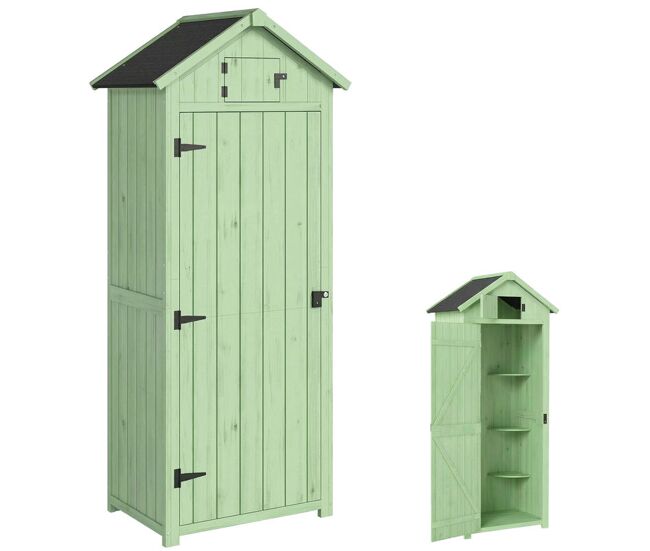 Outsunny armário de jardim de madeira 77x54,2x179 cm 0,3 m² com 3 prateleiras e 2 portas com fechadura para jardim ou terraço verde
