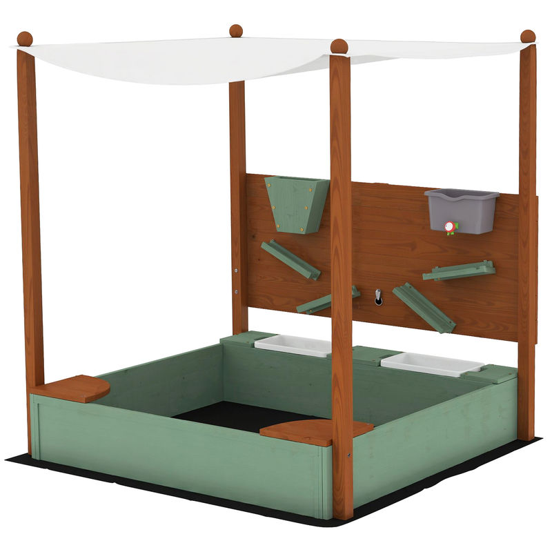 Aiyaplay caixa de areia para enfants de madeira com teto caixa de areia infantil com 2 assentos 2 caixas torneira funil caixa de areia para enfants de 3-6 anos para pátio, jardim varanda 116x112,5x128 cm verde