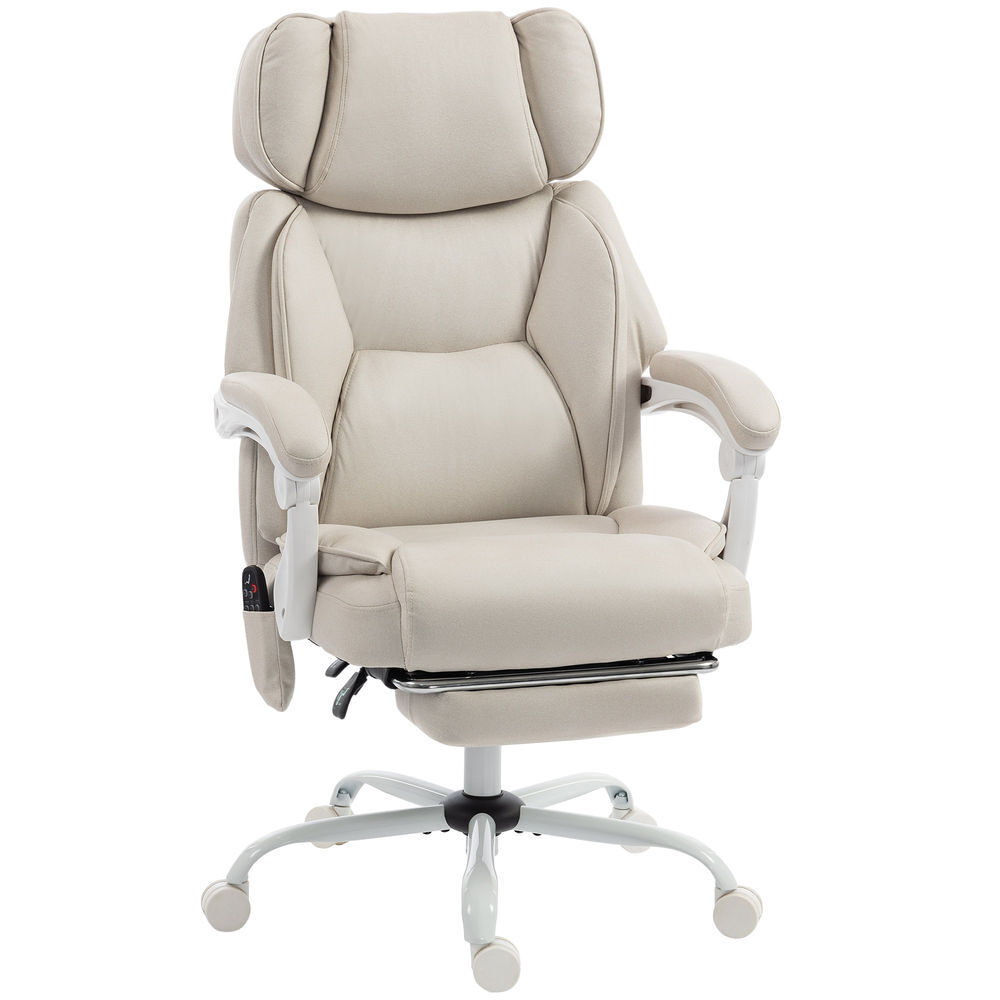 Homcom cadeira de escritório com massagem vibratória de 6 pontos e aquecimento lombar, cadeira reclinável com apoio de cabeça ajustável, encosto alto, altura ajustável, apoio para os pés, creme