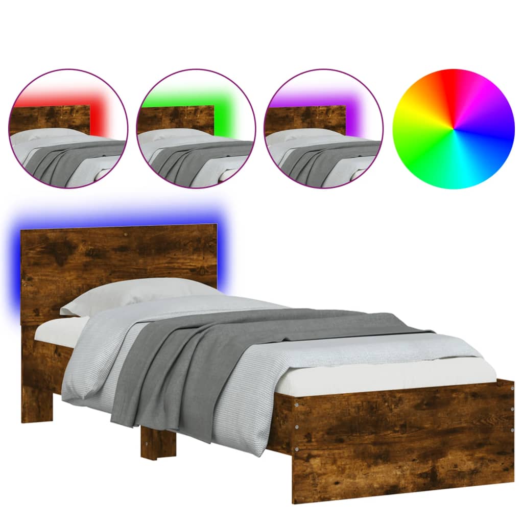 Estrutura de cama de solteiro moderno c/ cabeceira/luzes led 75x190 cm carvalho fumado