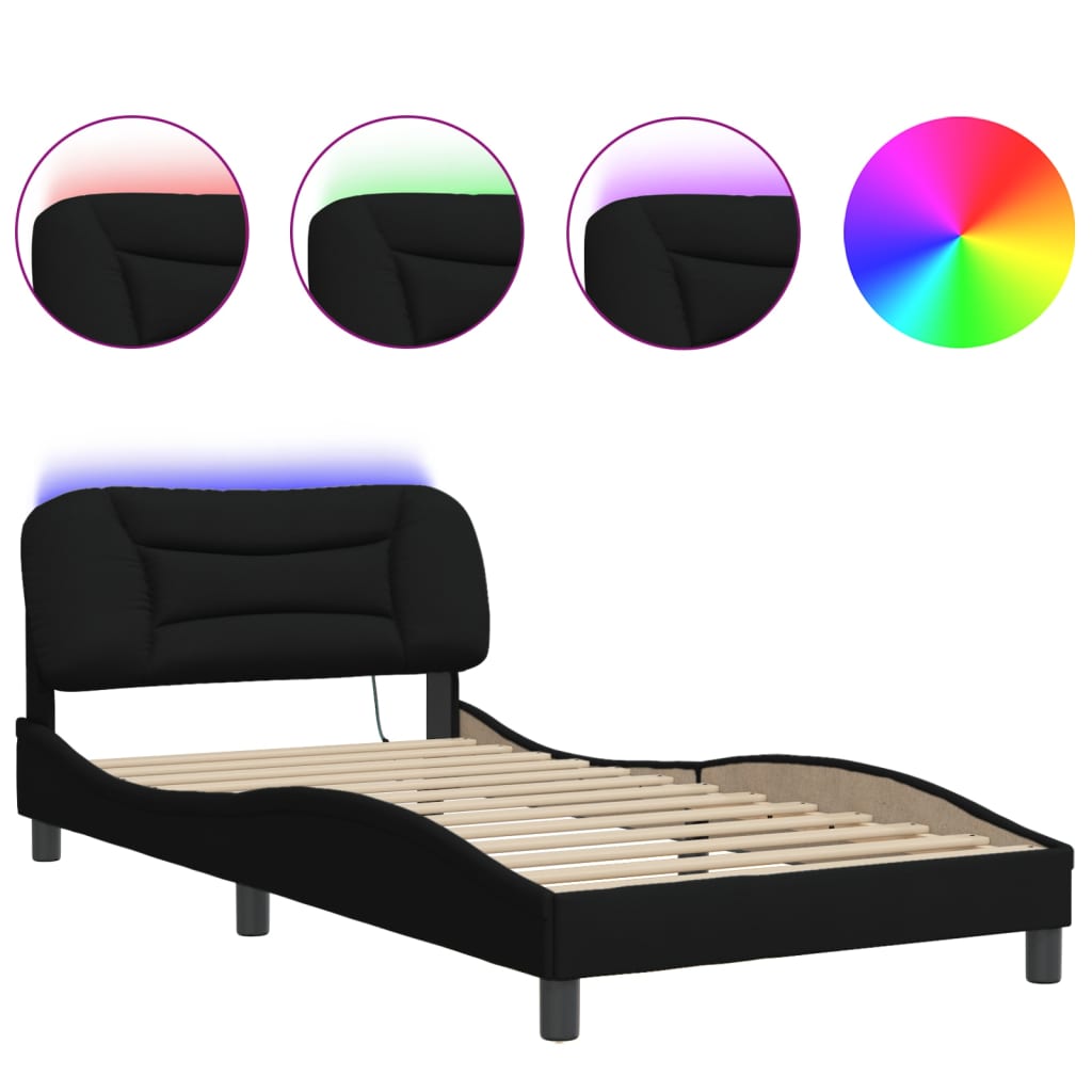 Estrutura de cama de solteiro para adultos com led 100x200 cm tecido preto