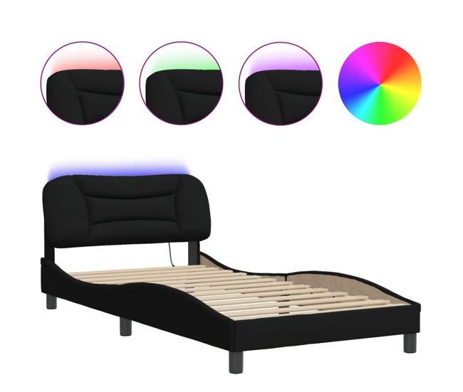 Estrutura de cama de solteiro para adultos com led 100x200 cm tecido preto