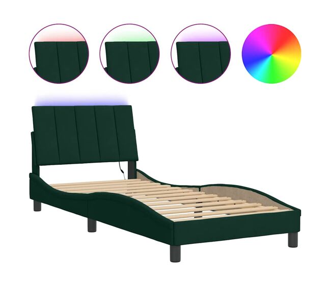 Estrutura de cama de solteiro simple com led 80x200 cm veludo verde-escuro
