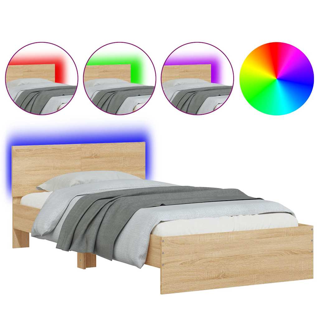 Estrutura de cama de solteiro moderno c/ cabeceira/luzes led 100x200cm carvalho sonoma