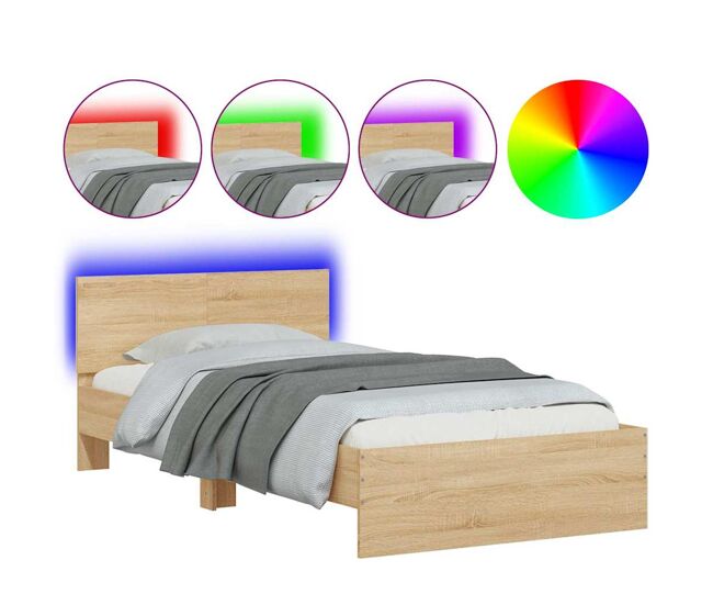 Estrutura de cama de solteiro moderno c/ cabeceira/luzes led 100x200cm carvalho sonoma