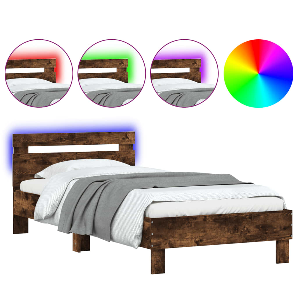 Estrutura de cama de solteiro moderno c/ cabeceira/luzes led 100x200cm carvalho fumado