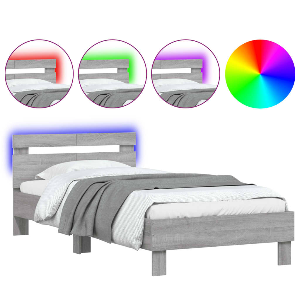 Estrutura de cama de solteiro moderno c/ cabeceira/luzes led 100x200cm cinza sonoma