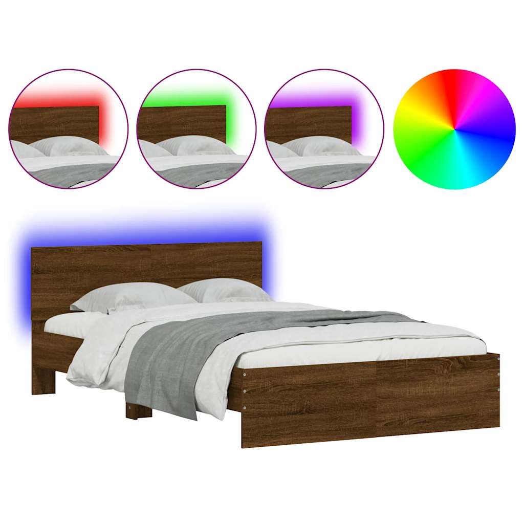 Estrutura de cama de casal c/ cabeceira/luzes led - 140x190 cm carvalho castanho