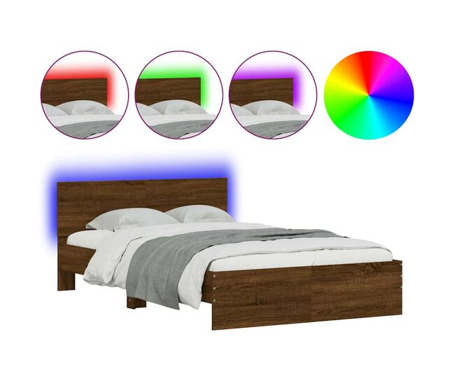 Estrutura de cama de casal c/ cabeceira/luzes led - 140x190 cm carvalho castanho