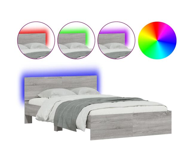 Estrutura de cama de casal c/ cabeceira/luzes led - 140x190cm cinzento sonoma