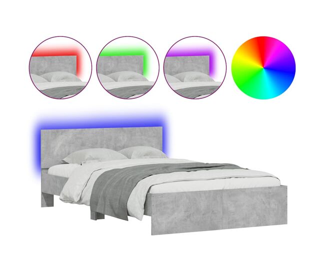 Estrutura de cama de casal cabeceira e luzes led - 140x190cm cinzento cimento