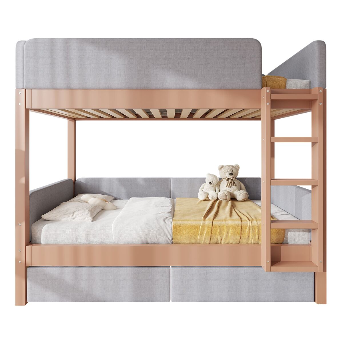 Cama alta infantil 90x200 - escada de 4 degraus, 2 gavetas, estrado de madeira, bordas acolchoadas - gris/natural