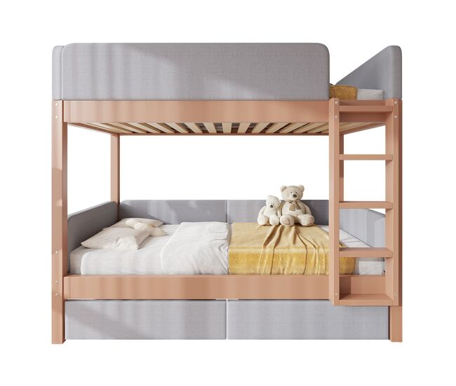 Cama alta infantil 90x200 - escada de 4 degraus, 2 gavetas, estrado de madeira, bordas acolchoadas - gris/natural