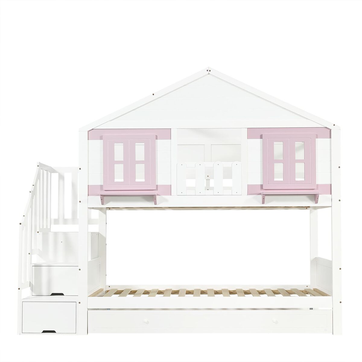 Cama alta com cama extra 90x200 - armário, janela e teto, estrado estável - branco e rosa