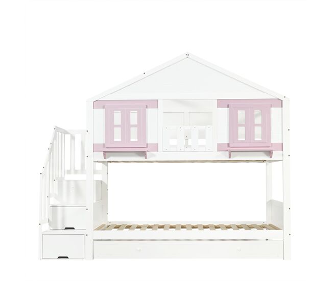 Cama alta com cama extra 90x200 - armário, janela e teto, estrado estável - branco e rosa