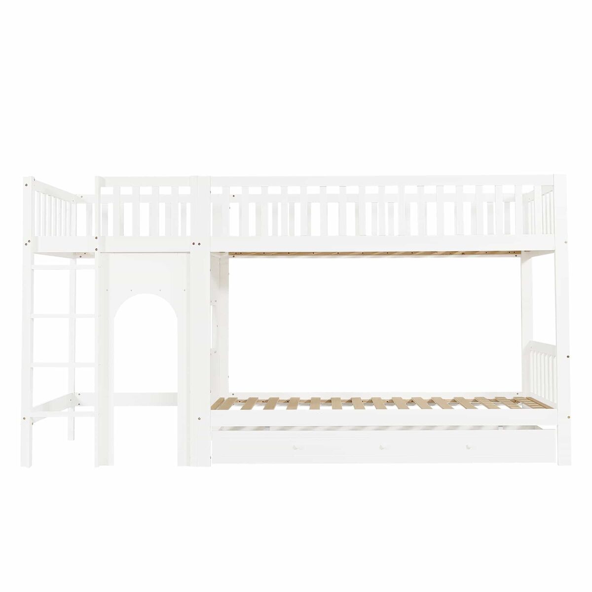 Cama alta infantil 90x200 - escada reta de 4 degraus, grades nos 4 lados, design personalizável - branco + natural