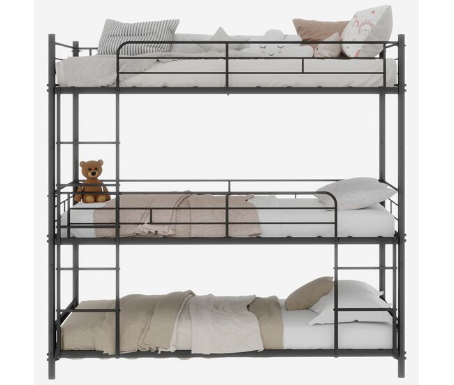 Cama tripla para 3 pessoas - estrutura metálica com escada e corrimão - preta