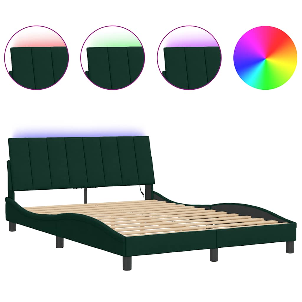 Estrutura de cama de casal moderno com led - 140x200 cm veludo verde-escuro