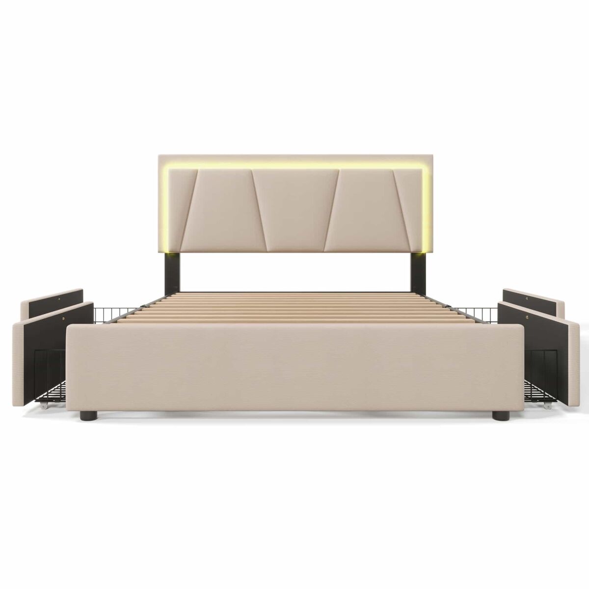 Cama estofada 160x200 cm - led, 4 gavetas, cabeceira ajustável, colchão incluído - bege