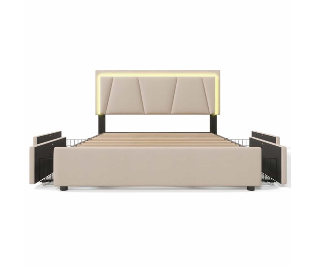 Cama estofada 160x200 cm - led, 4 gavetas, cabeceira ajustável, colchão incluído - bege