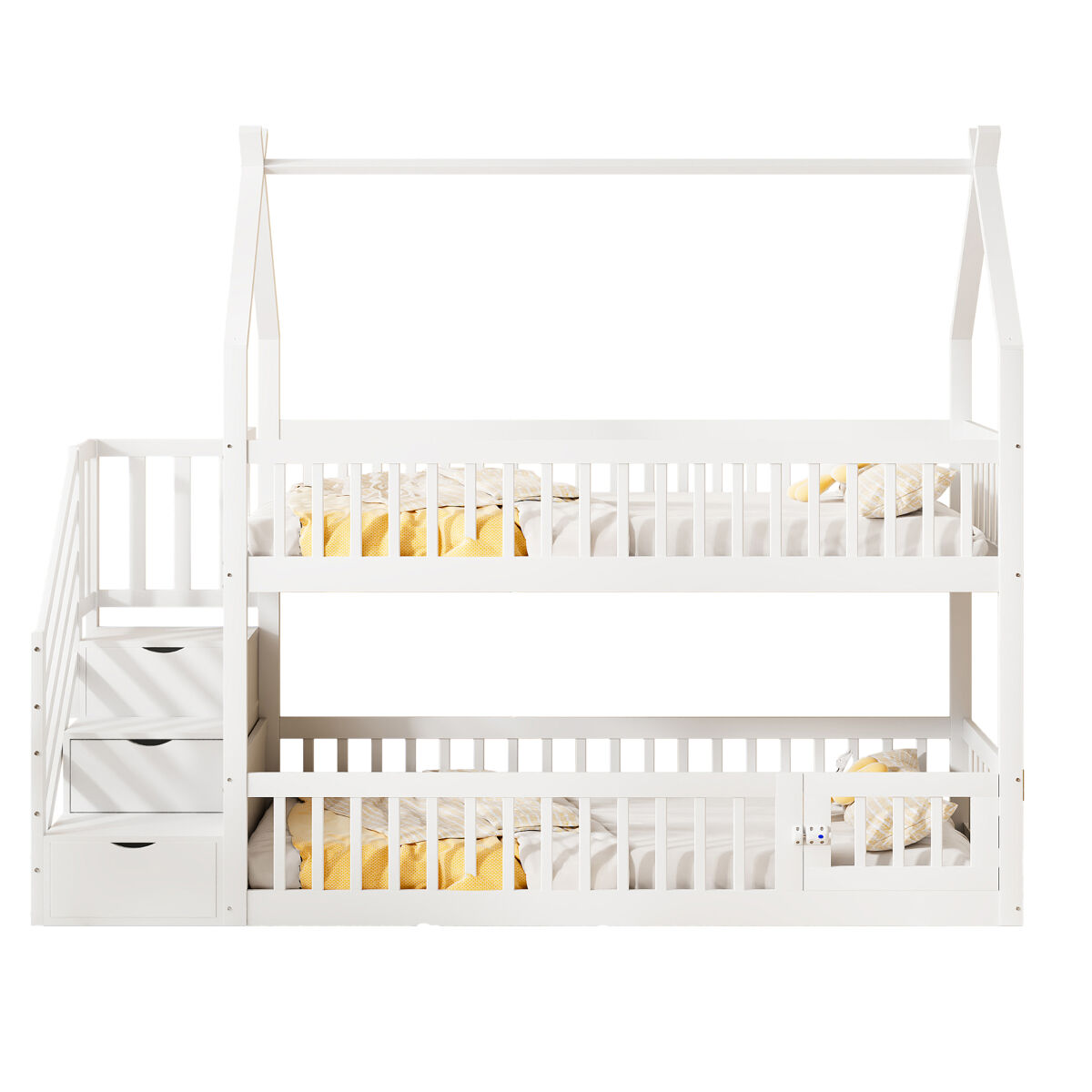 Cama beliche infantil 90x200 - madeira maciça com teto, escada de segurança e gavetas de arrumação - branco