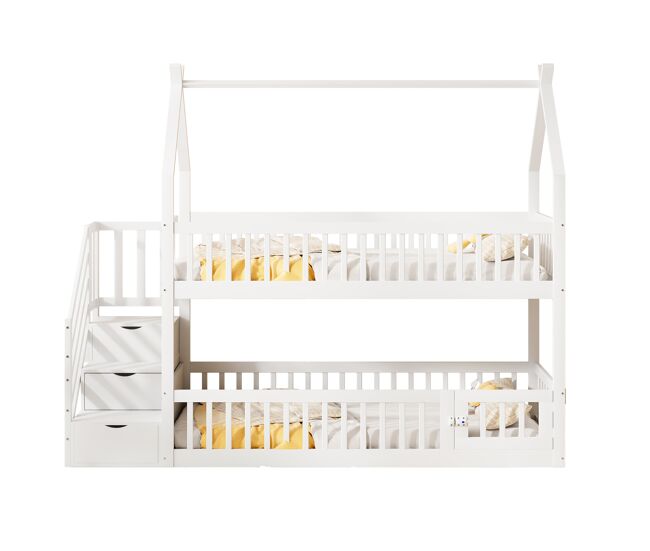 Cama beliche infantil 90x200 - madeira maciça com teto, escada de segurança e gavetas de arrumação - branco