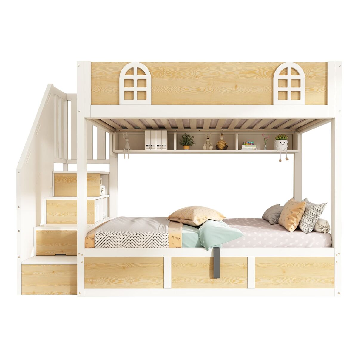 Beliche infantil 90x200 cm - com escada e arrumação, segurança, sem colchão - branco e natural