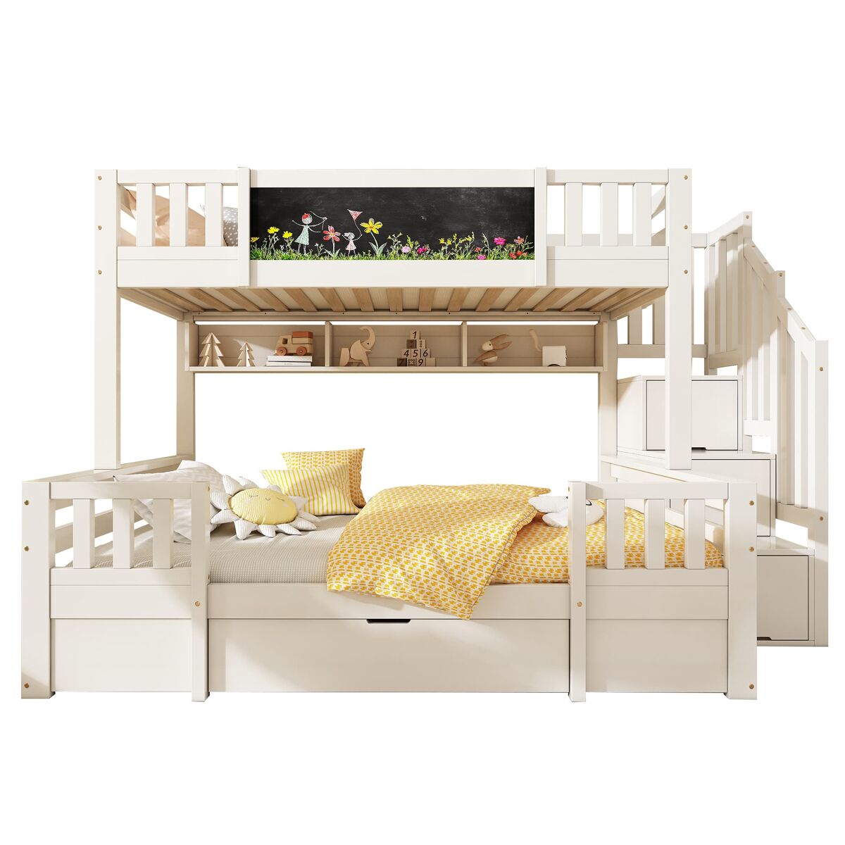 Beliche triplo 90x200 e 140x200 - madeira maciça, ardósia, escada com arrumação, 2 gavetas - branco