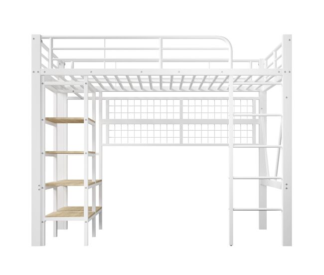 Cama alta 90x200 cm - estrutura metálica, étagère, rede para pendurar, barra para roupa, espaço livre, led - blanc