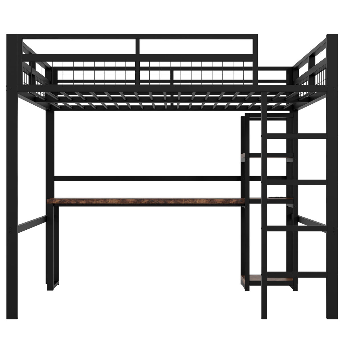 Cama alta 140x200cm - estrutura metálica, prateleiras, secretária com tomada e usb tipo c, grade, escada, sem colchão - preto