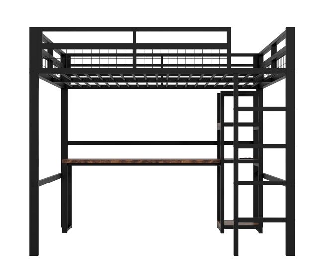 Cama alta 140x200cm - estrutura metálica, prateleiras, secretária com tomada e usb tipo c, grade, escada, sem colchão - preto