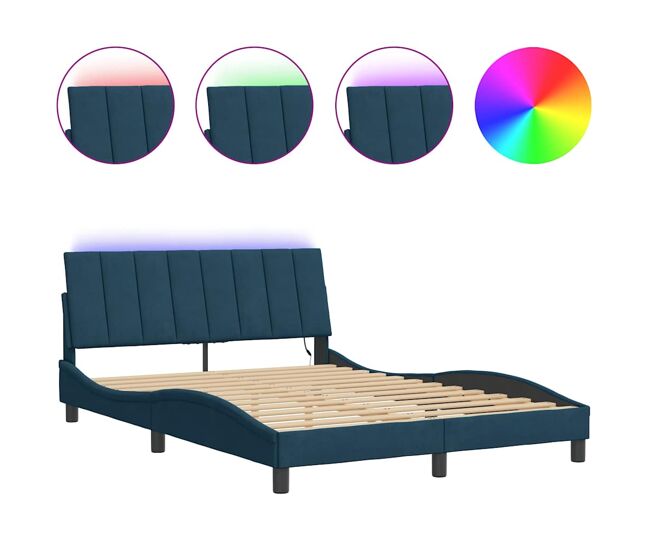 Estrutura de cama de casal moderno com led - 140x190 cm veludo azul