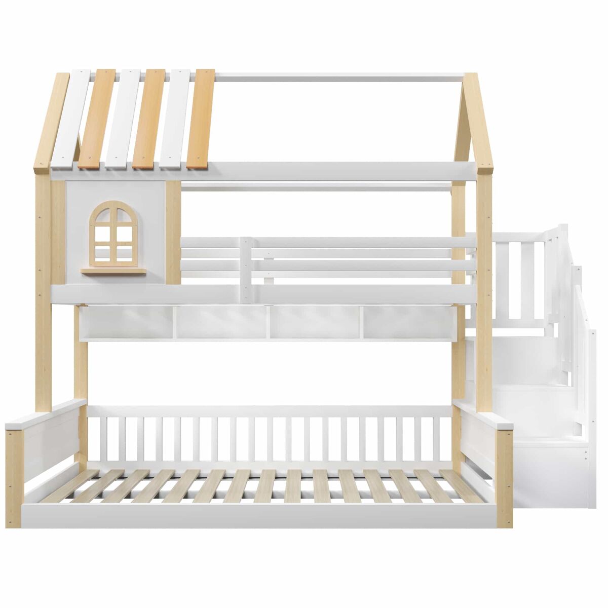 Beliche 90x200cm+140x200cm - com led, design de casa com janela, étagères abertas, escada de armazenamento, sem colchão - blanc+natural