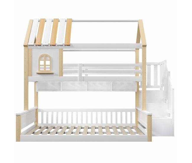 Beliche 90x200cm+140x200cm - com led, design de casa com janela, étagères abertas, escada de armazenamento, sem colchão - blanc+natural