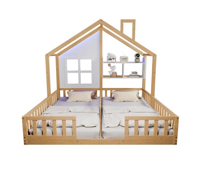 Cama infantil 90x200 - design de casa com janelas e lareira, led, grade e prateleiras - madeira natural