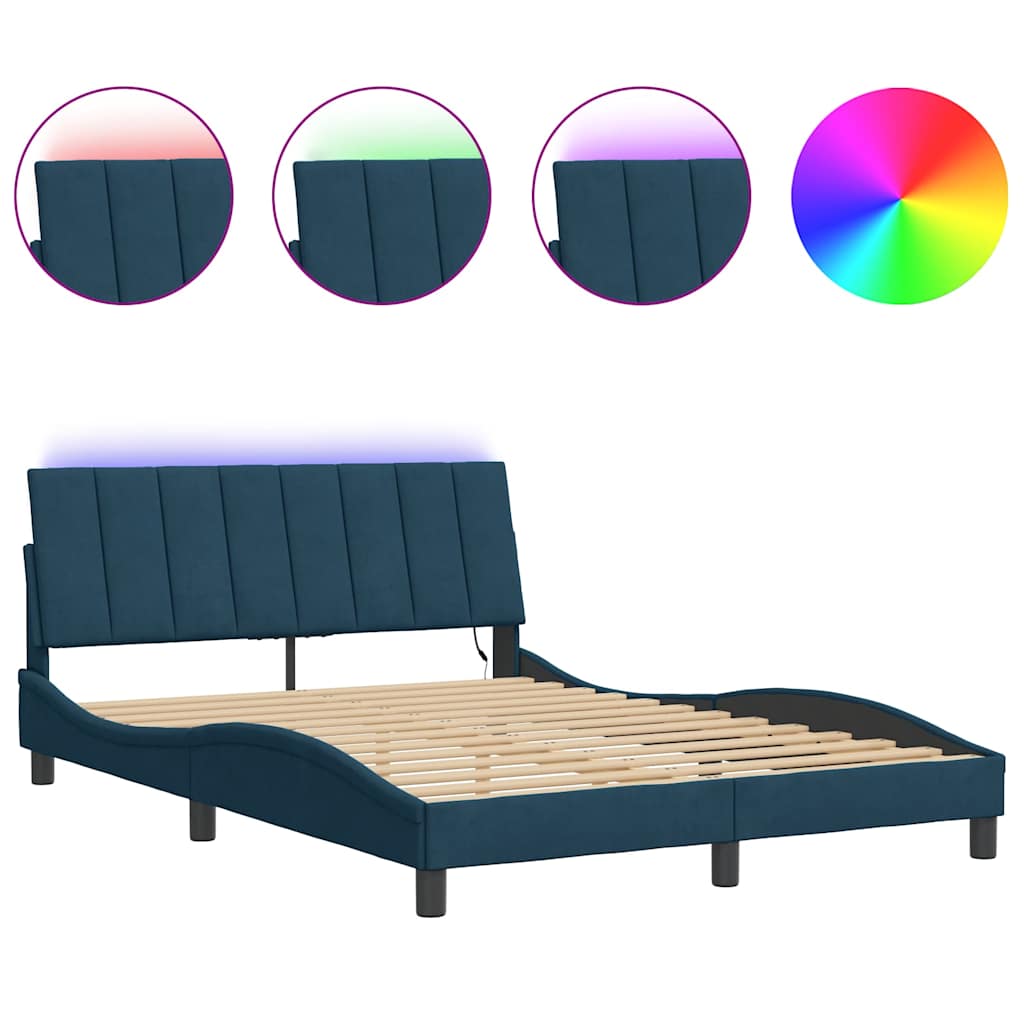 Estrutura de cama de casal moderno com led - 140x200 cm veludo azul