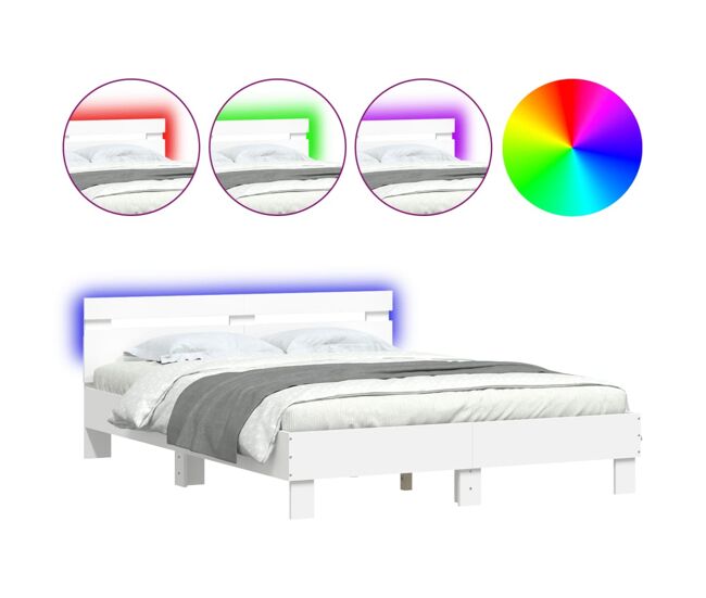 Estrutura de cama de casal para adultos com cabeceira e luzes led 140x200 cm branco