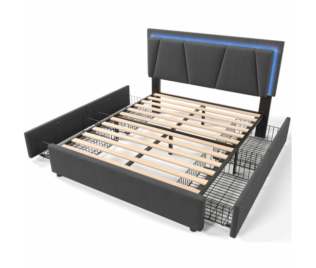 Cama estofada 160x200 cm - led, 4 gavetas, cabeceira ajustável, base de madeira - cinza