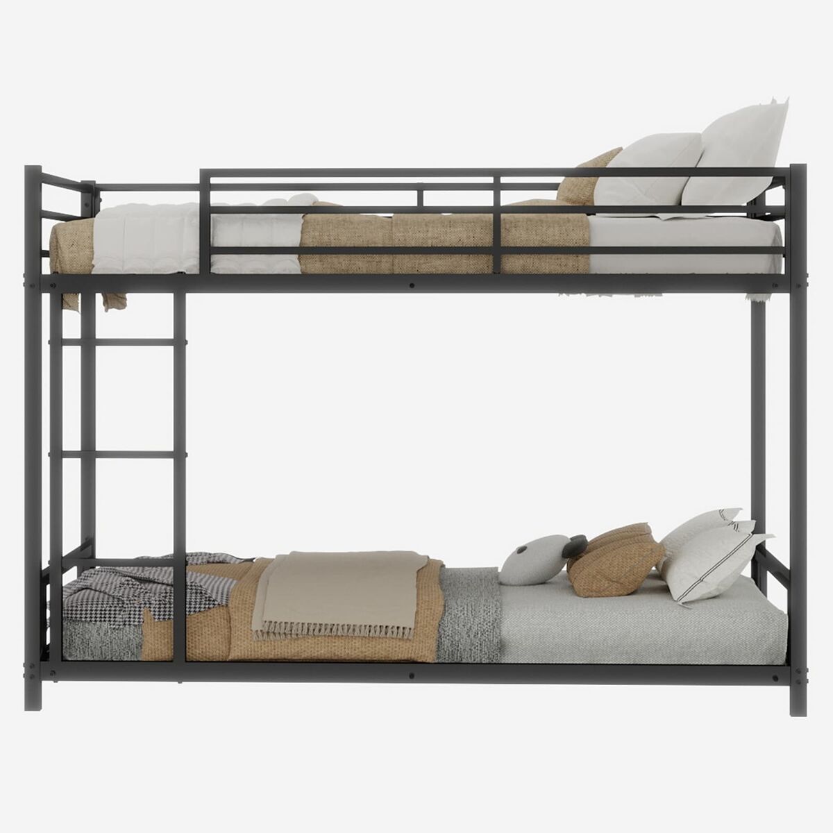 Beliche metálico com 2 camas individuais - metal sólido, silencioso, grade de segurança - preto