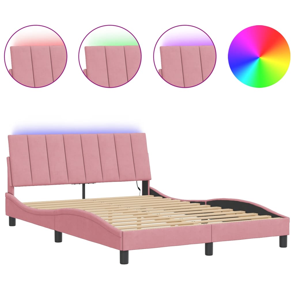 Estrutura de cama de casal moderno com led - 140x200 cm veludo rosa