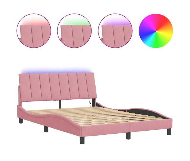 Estrutura de cama de casal moderno com led - 140x200 cm veludo rosa